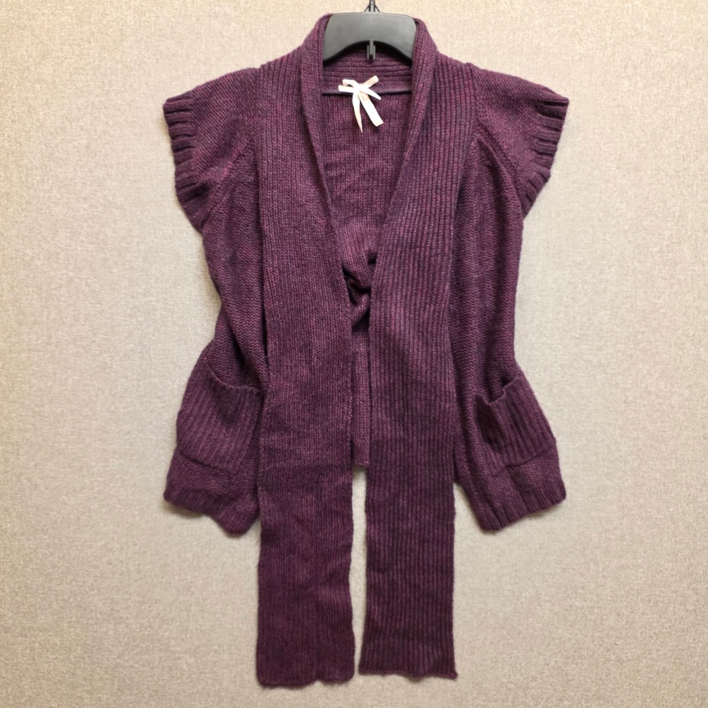 Cozy Derek Heart Purple Marled Knit Open Front Scarf Cardigan Short Sleeve M